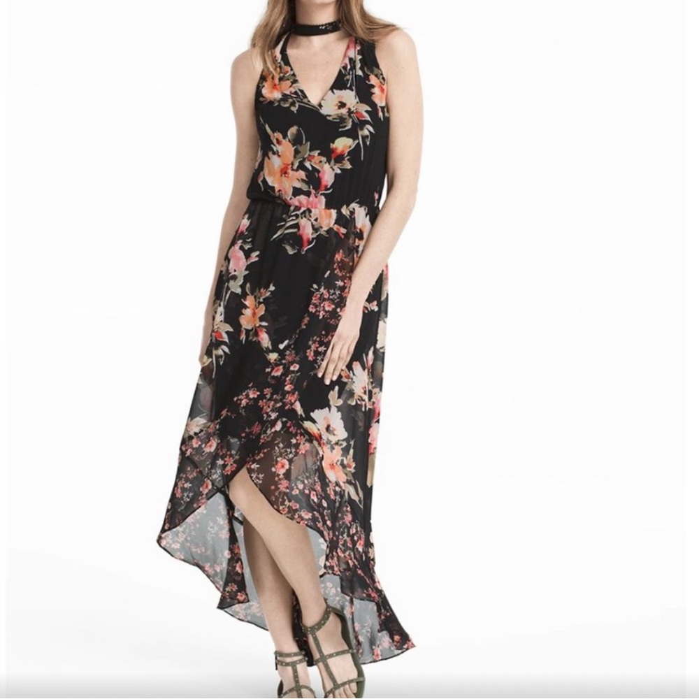 White House Black Market Tie-neck Floral High-Low Dress
